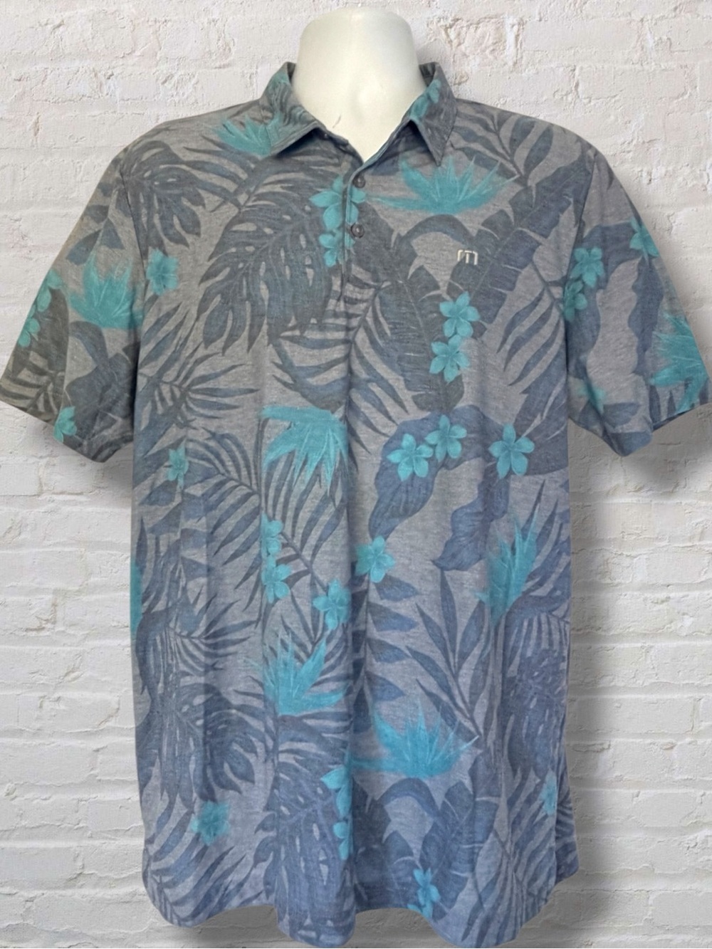 TravisMathew Polo Mens XL Blue Gray Tropical Palm Floral Golf Short Sleeve Shirt